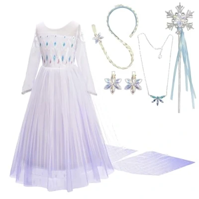 Image of Lito Angels Snow Queen 2 Princess Costume Fancy White Dress with Detachable Train for Girls Kids Accessories Age 9 10 Years 262