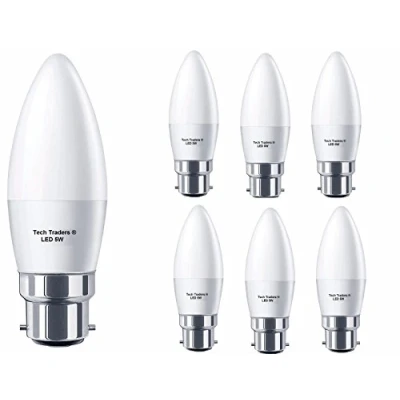 Image of Tech Traders ® C37 5Watt B22 Bayonet LED Candle Bulbs, 50Watt Incandescent Bulb Equivalent, 400lm, Non Dimmable BC Bulb,Candle Light Bulbs [6 Pack] (Warm White 3000K)