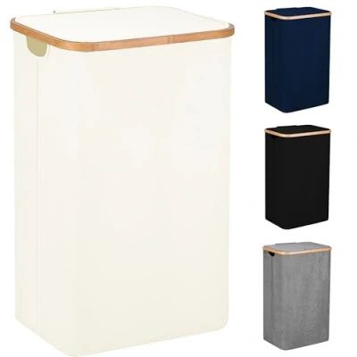 Image of SG Traders 100L Laundry Hamper with Lid Large Hampers for Handles Baskets Bedrooms Bamboo Bathroom Tall Bin (Beige)