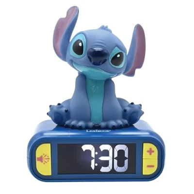 Image of Lexibook, Disney, Stitch Nightlight alarm clock, Sounds and Melodies, LCD Backlit screen, Luminous, Snooze, Blue, One size