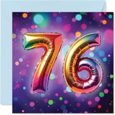 Image of 76th Birthday Cards for Men Women Rainbow Foil Balloon Happy Card 76 Year Old Man Woman Nan Sister Nanny Dad, 145mm Bday Greeting