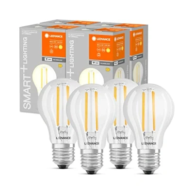 Image of LEDVANCE Smart LED Lamp with WiFi Technology, Base: E27, Dimmable, Warm White (2700K), Replaces Incandescent Lamps 60 W, Compatible Google and Alexa, Smart+ Classic 4 Pack