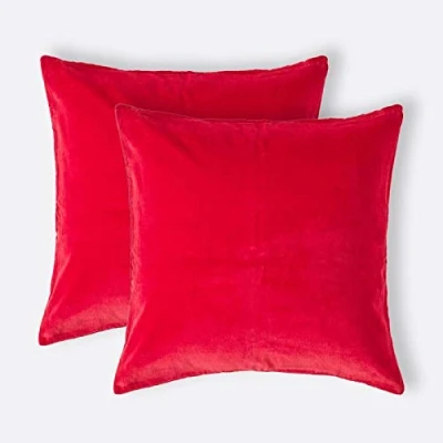 Image of HOMESCAPES Set of 2 Red Velvet Cushion Covers Super Soft Cotton Luxury Square Scatter Cushions Plain Accent Pair Throw Pillows for Sofa and Bed Decoration, 40 x 40cm