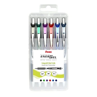 Image of Pentel BL77 6 EnerGel Retractable Gel Ink Rollerball Pen 0.7mm Ball Diameter = 0.35mm Line Width Refillable Plastic Box Pack of Assorted Colours 12