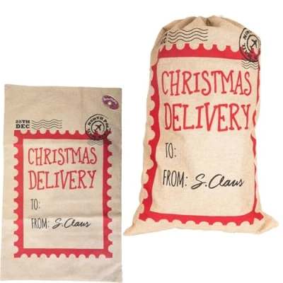 Image of SHATCHI Large Delivery Santa Sack 48x78 cm Hessian Stocking Filler Gift Bag with Drawstring, Personalized North Pole Design Christmas Accessories, Beige