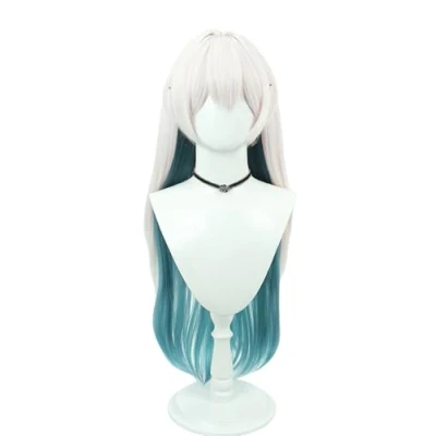 Image of Game Cosplay Wig White Gradient Green Hair Long Straight with Bang Heat Resistant Halloween Party 29in