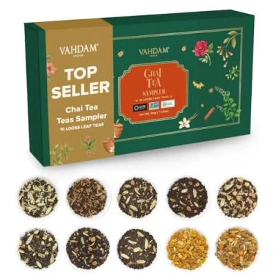 Image of VAHDAM, Assorted Chai Tea Loose Leaf Sampler (10 Flavours, 50+ Servings) Indian Exotic Blends in Individual Resealable Ziplock pouch I100% Natural Ingredients Gift Set