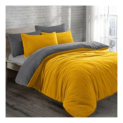 Image of Lions Reversible Teddy Fleece Bedding Ultra Soft Fluffy Single Duvet Cover Set with Pillowcase, Cuddly Thermal Warm Plain Quilt Covers, Ochre Grey, 137x200cm