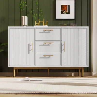 Image of BTM Sideboard Cabinet for Living Room, White Chest of Drawers with 2 Doors and 3 Drawers, Adjustable Shelf, 40D x 120W 75H CM