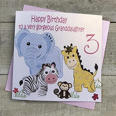 Image of white cotton cards Happy Gorgeous Granddaughter 3&quot; Safari Animals 3rd Birthday Card, White, GL220 GD3