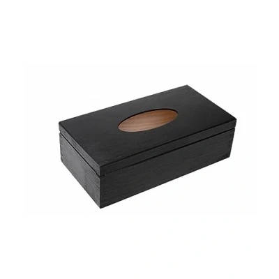 Image of wooden World tissue holder stylish box opened from the top Black