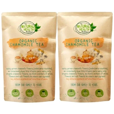 Image of Organic Chamomile Tea Bags By The Natural Health Market Plastic Free Filter Mesh and Outer Packaging NON GMO Relaxing Herbal (100 2 x 50 Bag Pack)