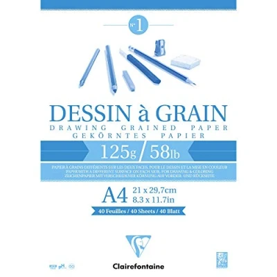 Image of Clairefontaine Ref 96684C White Grained Drawing Paper Glued Pad (40 Sheets) A4 Sized, 125gsm Paper, &amp; Acid Free, pH Neutral