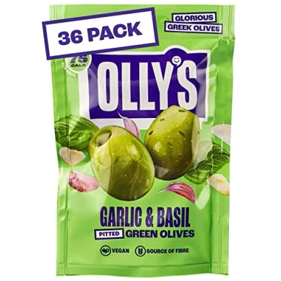 Image of Olly&#039;s Olives, Garlic &amp; Basil, 50g (Pack of 36), 100% Natural Ingredients, Handy Snack Pouches, Healthy Vegan Snacks, Low Calorie, Source Fibre, No Preservatives, Gluten Free