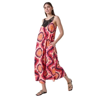 Image of Roman Tie Dye Crochet Detail Pocket Midi Dress for Women UK Ladies Spring Everyday Summer Holiday Round Neckline Comfy Sleeveless Soft Fit &amp; Flare Frock Vacation Beach Gowns Fuchsia Size 16