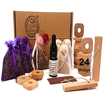 Image of STAFECO Moth Repellent for Wardrobes Cedar Wood 3 Lavender Bags 1 Patchouli Bag Natural 24 Rings Chips Killer 100% (Large C)