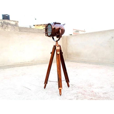 Image of Handmade Copper Floor Lamp with Wooden Tripod Portable Office Lighting Decor Marine Low Searchlight Home