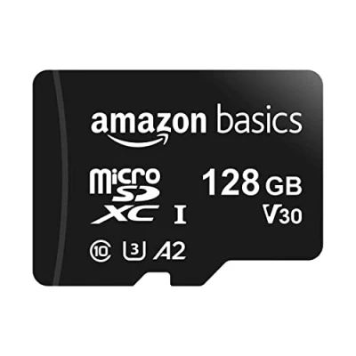 Image of Amazon Basics Micro SDXC Memory Card with Full Size Adapter, A2, U3, Read Speed up to 100 MB/s, 128 GB, Black