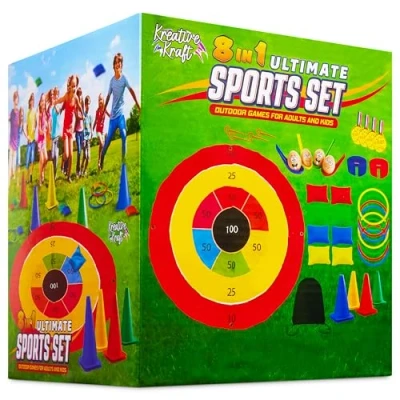 Image of KreativeKraft Kids Games Outdoor Play Equipment for Adults Family Garden Toys Sports Day Kit Egg and Spoon Race Ring Toss Sack Bean Bag Snakes Ladders (8 in 1 Set)