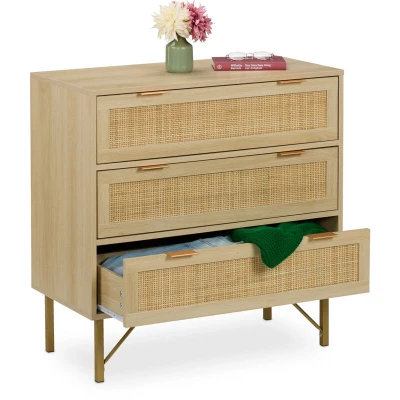 Image of Relaxdays Chest of Drawers, Bedroom Dresser, Rattan Look, 80x80x42 cm, Living Room &amp; Hallway Sideboard, Natural/Gold, Plastic, Fibreboard, Iron