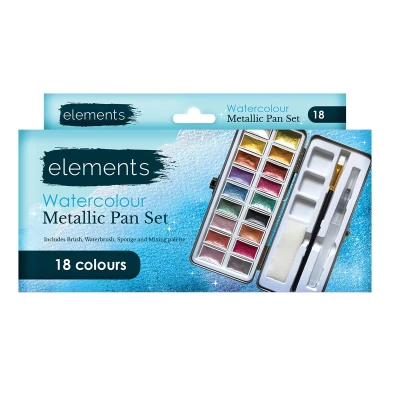 Image of Elements metallic Watercolour Paint Set 18 Paints, Includes Brush Waterbrush, Sponge, and Mixing Palette for Painting