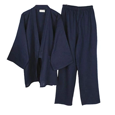 Image of Fancy Pumpkin Men&#039;s Japanese Style Cotton Kimono Pajamas Suit Dressing Gown Set, L, Blue01