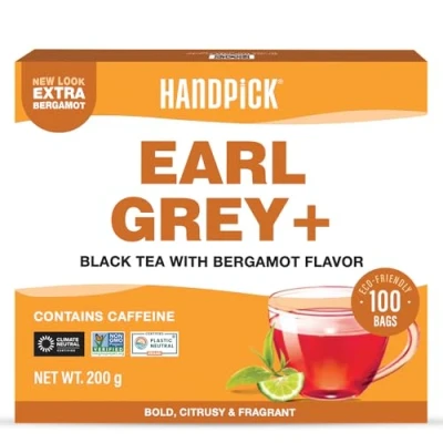 Image of HANDPICK, Earl Grey Black Tea Bags (100 Count) 100% Pure w/Bergamot Extracts Citrus Flavor Brew Hot/Iced with or without milk