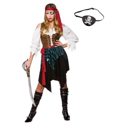 Image of Caribbean Pirate Woman Costume + Skull &amp; Crossbones Eyepatch : Adult Ladies Womens Fancy Dress Outfit (X Small)