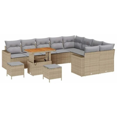 Image of vidaXL 12 Piece Garden Sofa Set with Cushions Beige Poly Rattan Acacia