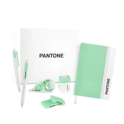 Image of OSAMA PANTONE™ Pastel Gift Box Stationery and School Supplies Kit with White Ribbon Corrector 10mt, Black Gel Ballpoint Pen 0.7 mm 4 Pieces, Pencil Sharpener Reservoir, Notepad 2 Erasers