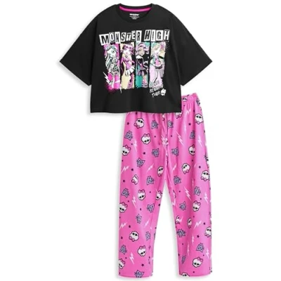 Image of Monster High Womens Pyjama Set Adults Alumni Reunion Tour Graphic Short Sleeve Top &amp; Long Leg PJ Bottoms in Black Pink Ladies Character Print Nightwear Fashion Cartoon Merchandise Gift