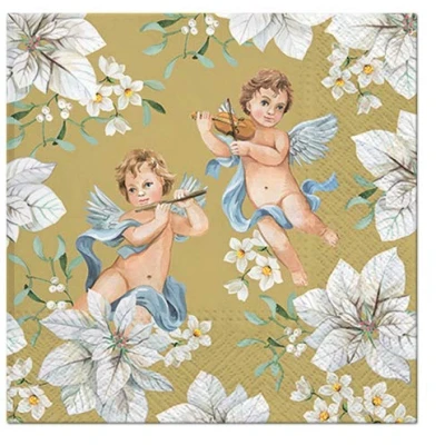 Image of 3 PLY Traditional Xmas Tissue Paper Napkins 33cm x Serviettes Pack of 20 (Angels in Flowers Gold)