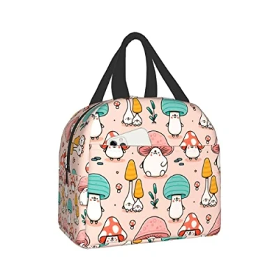 Image of Insulated Lunch Bag Kids Girls Boys, Reusable Cute Tote Box for Women &amp; Men, Leakproof Cooler Bags School Work Office Travel Picnic, Kawaii mushroom
