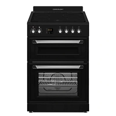 Image of Cookology RETDO600BK Freestanding 60cm Wide, Retro Double Cavity Grill Oven Cooker with Ceramic 4 Zone Hob and Analogue Dials in Black