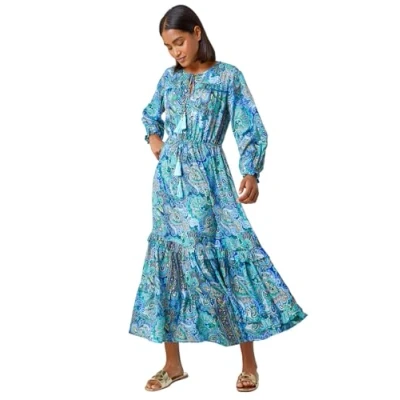 Image of Roman Paisley Print Tassel Frill Hem Maxi Dress for Women UK Ladies Spring Everyday Summer Holiday V Neckline Comfy Long Sleeve Soft Fit &amp; Flare Frock Vacation Beach Gowns Blue Size 16