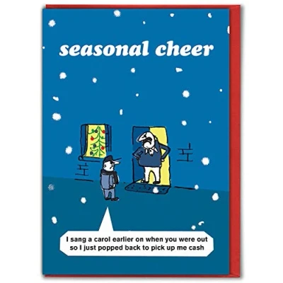 Image of Official Modern Toss Funny Christmas Cards &#039;Cheeky Carol Singer&#039; Hilarious Xmas for Friends Mates Him Her Men Women Mum Dad Sold by Brainbox Candy