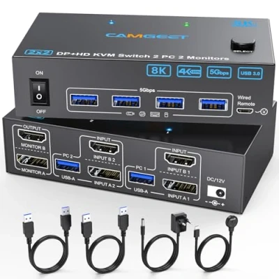 Image of 4K@144Hz HDMI Displayport KVM Switch 2 monitors computers, Camgeet USB 3.0 Dual Monitor for PC and 4 Ports. cables, 12V2A adapter Wired Remote Included
