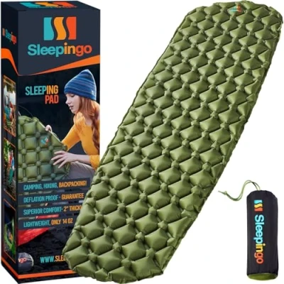 Image of Sleepingo Camping Sleeping Pad Mat (Large) Ultralight 14.5 OZ Best Pads Backpacking Hiking Air Mattress Lightweight Inflatable &amp; Compact Camp Sleep