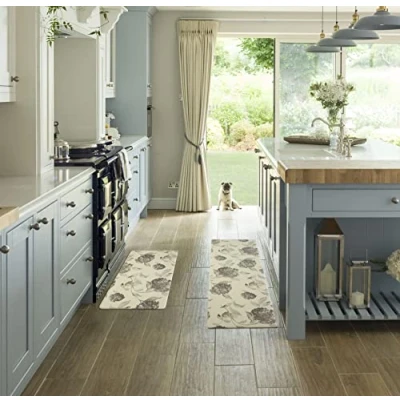 Image of Laura Ashley Anti Fatigue Kitchen Mat Set Hydrangea Floral Design Stain, Water &amp; Fade Resistant Cooking Standing Relief Non Slip Backing Measures 17.5 x 48&quot; and 17.5&quot; 28&quot; Grey