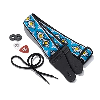 Image of KLIQ Vintage Woven Guitar Strap for Acoustic and Electric Guitars &#039;60s Jacquard Weave Hootenanny Style 2 Rubber Locks Included (Native, Sky Blue/Yellow)