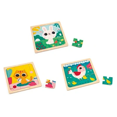 Image of Janod 3x 9 Piece Wooden Puzzles Hen, Cat &amp; Rabbit Children’s Toy Early Years Educational Game 18 Months +, J07113, Multicolor