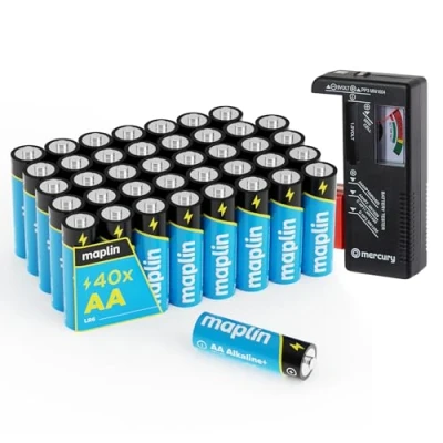 Image of Maplin 40x AA LR6 1.5V Alkaline Batteries 10 Year Shelf Life High Performance with Universal Battery Tester