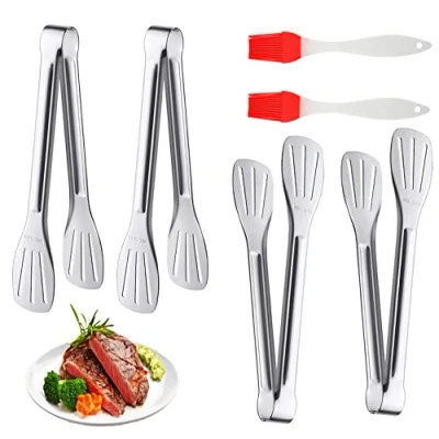 Image of YAANBUNB 4 Pcs Cooking Tongs Stainless Steel Kitchen Heat Resistant Barbecue Serving Buffet Salad Gripper Clip Tool with 2 Silicone Brushes for Grilling Frying