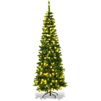 Image of SHATCHI 4Ft 8Ft Pre Lit Artificial Slim Christmas Pencil Tree Holiday Home Decorations, Pointed Tips, Multicolour LEDs and Metal Stand, Green W/Warm White, 6Ft