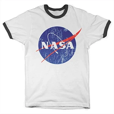 Image of Nasa Officially Licensed Washed Insignia Ringer Mens T Shirt (White Black), Small