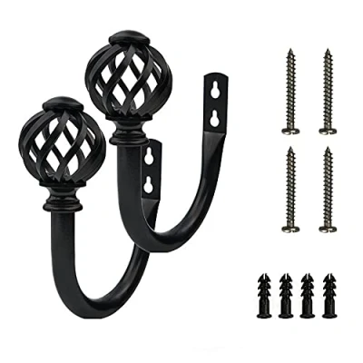 Image of ANCLLO Set of 2 Curtain Holdbacks Hooks Ties Tiebacks Holders for Drapes Drapery, Black Matte Metal Wall Mounted
