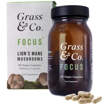 Image of Grass &amp; Co Focus Lion&#039;s Mane Mushroom Capsules Supports Cognitive Health 60 30 Servings Extract, Ginseng, Omega 3, Vitamins B12 D
