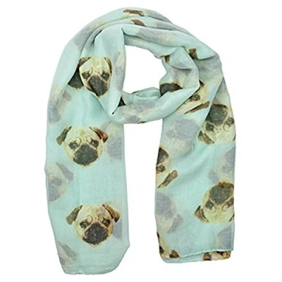 Image of World of Shawls Pug Dog, Dachshund Dogs, Spaniel Dog Print Scarf All Seasons Lovely Soft Wraps Shawl Scarves (Pug Mint)