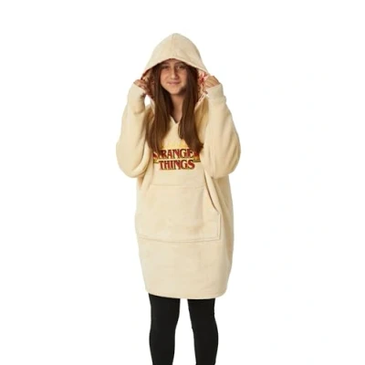 Image of Stranger Things Kids Wearable Blanket Hoodie Boys &amp; Girls Oversized Cream Hooded Fleece Loungewear Classic Logo Flame with Printed Hood Lining Sleepwear Netflix Series Merchandise Gift