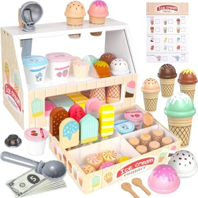Image of Wooden Ice Cream Toy Shop,49Pcs Counter Shop Playset,Wooden Play Food Sets for Children Role and Magic Scooper Scoop,Wooden Toys &amp; Kitchen Accessories
